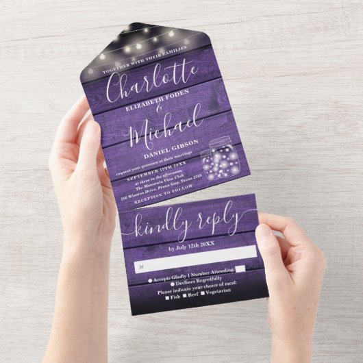 String Light Mason Jars Rustic Lila Wood Wedding All In One Einladung (Abreißen)