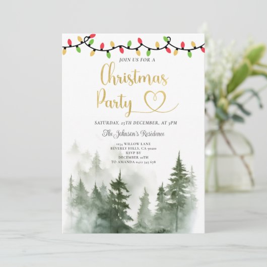 String Light Pine Trees Weihnachts-Party Einladung (Stehend Vorderseite)