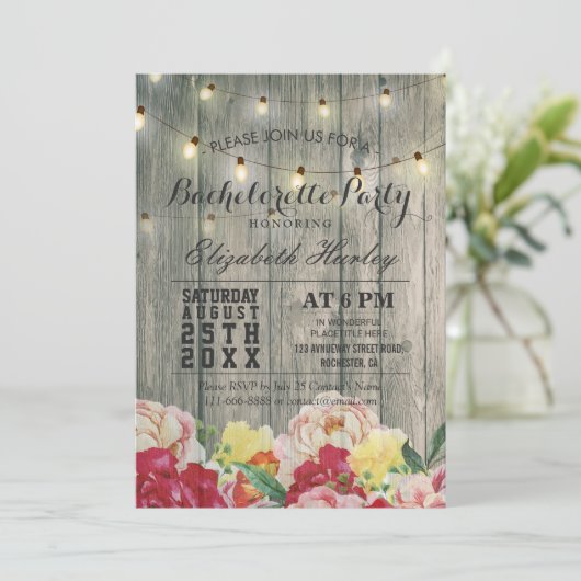 String Light Rustic Wood Floral Junggeselinnen-Abs Einladung (Stehend Vorderseite)