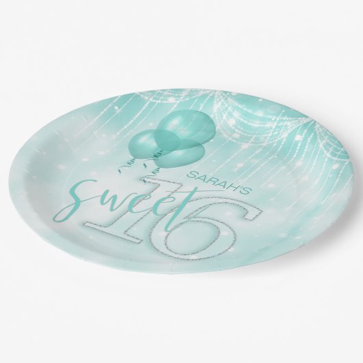 String Lights & Balloons Sweet 16 Aquamarin ID473 Pappteller (Schrägansicht)