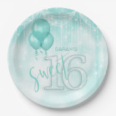 String Lights & Balloons Sweet 16 Aquamarin ID473 Pappteller (Vorderseite)