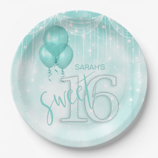 String Lights & Balloons Sweet 16 Aquamarin ID473 Pappteller (Vorderseite)