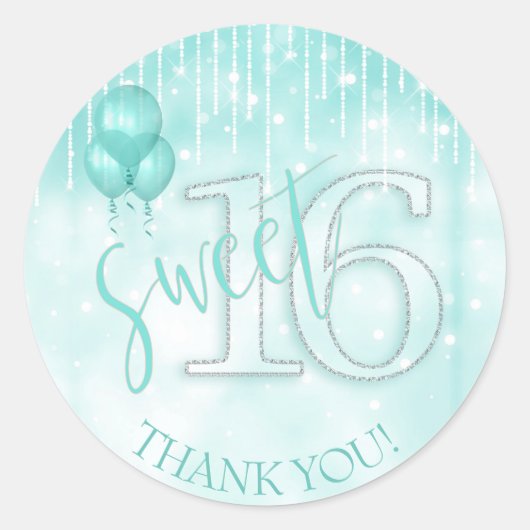 String Lights & Balloons Sweet 16 Aquamarin ID473 Runder Aufkleber (Vorderseite)