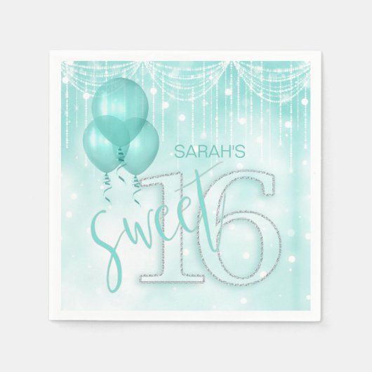 String Lights & Balloons Sweet 16 Aquamarin ID473 Serviette (Vorderseite)