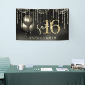 String Lights & Balloons Sweet 16 Black/Gold ID473 Banner (Messeveranstaltung)