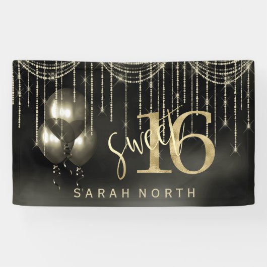 String Lights & Balloons Sweet 16 Black/Gold ID473 Banner (Horizontal)