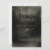 String Lights & Balloons Sweet 16 Black/Gold ID473 Einladung (Rückseite)