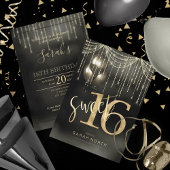 String Lights & Balloons Sweet 16 Black/Gold ID473 Einladung