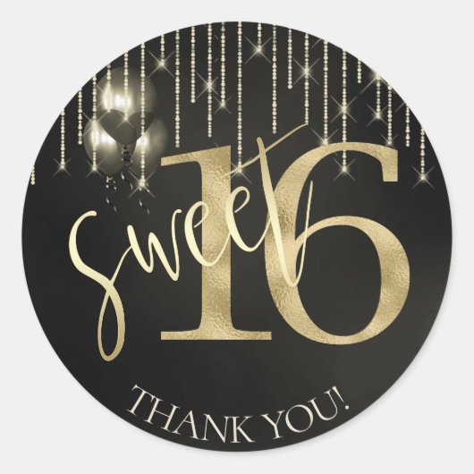 String Lights & Balloons Sweet 16 Black/Gold ID473 Runder Aufkleber (Vorderseite)