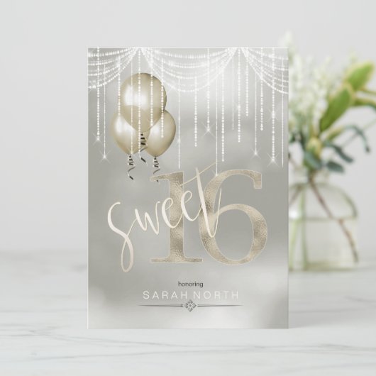 String Lights & Balloons Sweet 16 Champagne ID473 Einladung (Stehend Vorderseite)