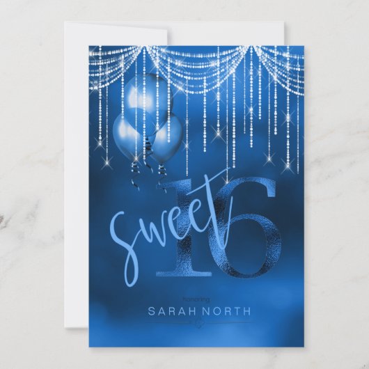 String Lights & Balloons Sweet 16 Dk Blue ID473 Einladung (Vorderseite)