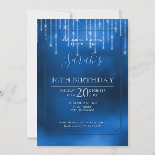 String Lights & Balloons Sweet 16 Dk Blue ID473 Einladung (Rückseite)