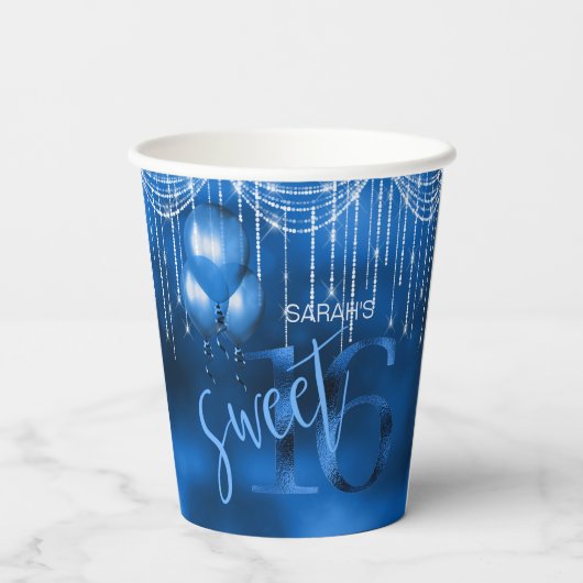 String Lights & Balloons Sweet 16 Dk Blue ID473 Pappbecher (Rückseite)