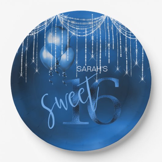 String Lights & Balloons Sweet 16 Dk Blue ID473 Pappteller (Vorderseite)