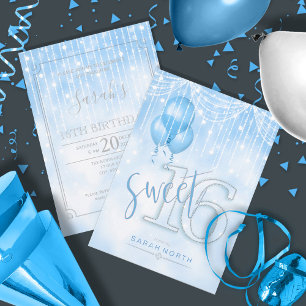String Lights & Balloons Sweet 16 Lt. Blue ID473 Einladung