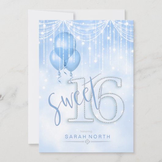 String Lights & Balloons Sweet 16 Lt. Blue ID473 Einladung (Vorderseite)