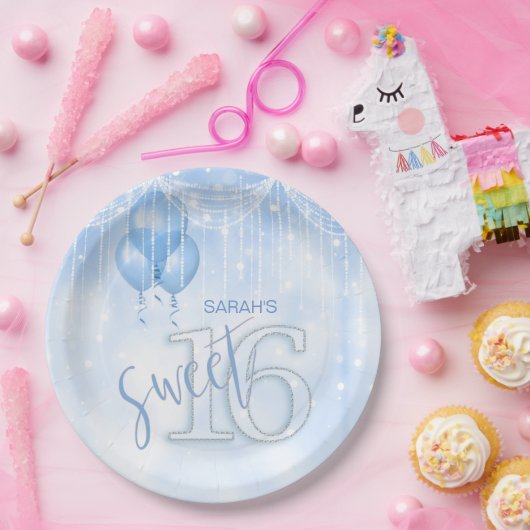 String Lights & Balloons Sweet 16 Lt. Blue ID473 Pappteller (Party)