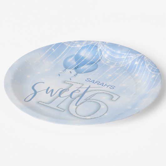 String Lights & Balloons Sweet 16 Lt. Blue ID473 Pappteller (Schrägansicht)