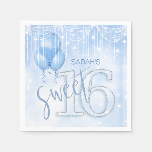 String Lights & Balloons Sweet 16 Lt. Blue ID473 Serviette (Vorderseite)