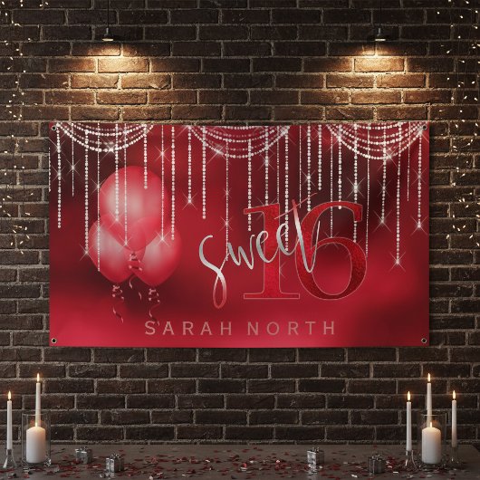 String Lights & Balloons Sweet 16 Red ID473 Banner