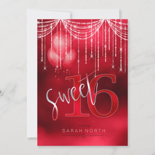 String Lights & Balloons Sweet 16 Red ID473 Einladung (Vorderseite)