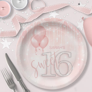 String Lights & Balloons Sweet 16 Rose Gold ID473 Pappteller