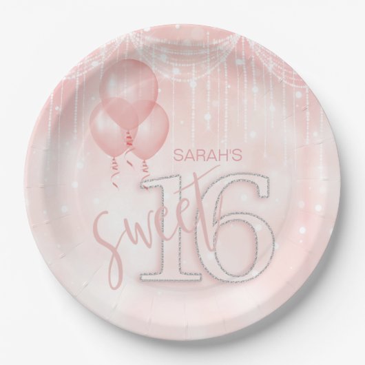 String Lights & Balloons Sweet 16 Rose Gold ID473 Pappteller (Vorderseite)