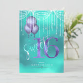 String Lights & Balloons Sweet 16 TealPurple ID473 Einladung (Stehend Vorderseite)