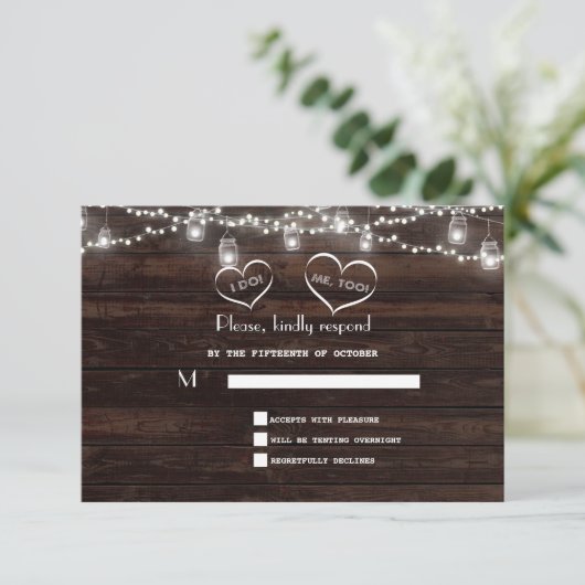 String Lights Barn Mason Jar GRILLEN Wedding RSVP Karte (Stehend Vorderseite)
