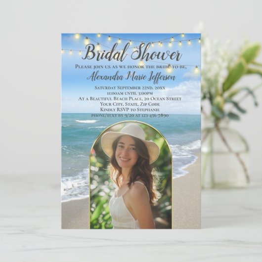 String Lights Beach Brautparty Arch Foto Einladung (Stehend Vorderseite)