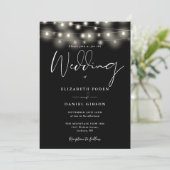 String Lights Black And White QR Code Wedding Einladung (Stehend Vorderseite)