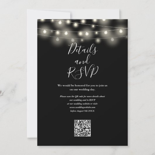 String Lights Black And White QR Code Wedding Einladung (Rückseite)