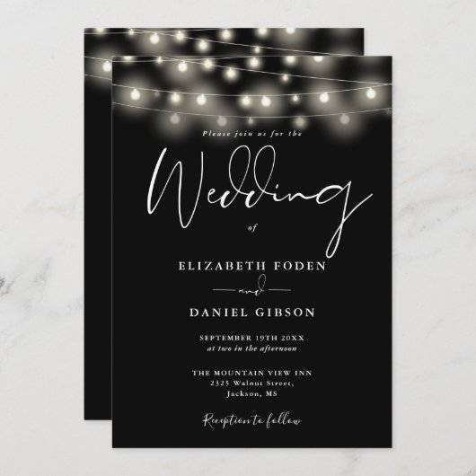 String Lights Black And White QR Code Wedding Einladung (Vorne/Hinten)