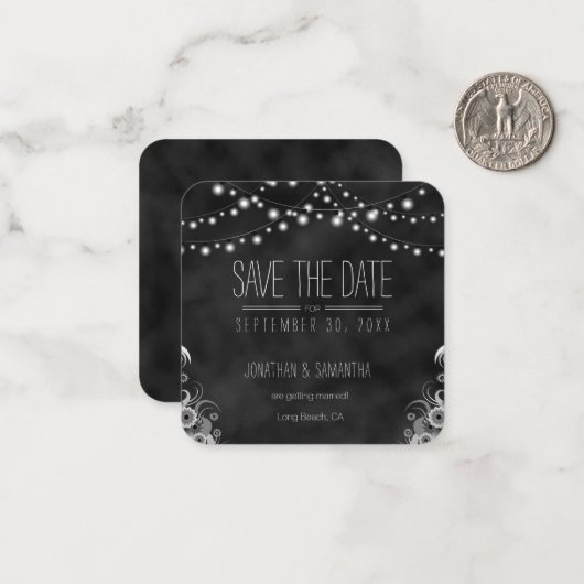 String Lights Black Chalkboard Save the Date Mitteilungskarte (Vorderseite/Rückseite Beispiel)