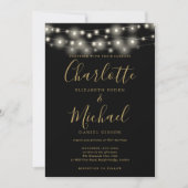 String Lights Black Gold Elegante Script Hochzeit Einladung (Vorderseite)