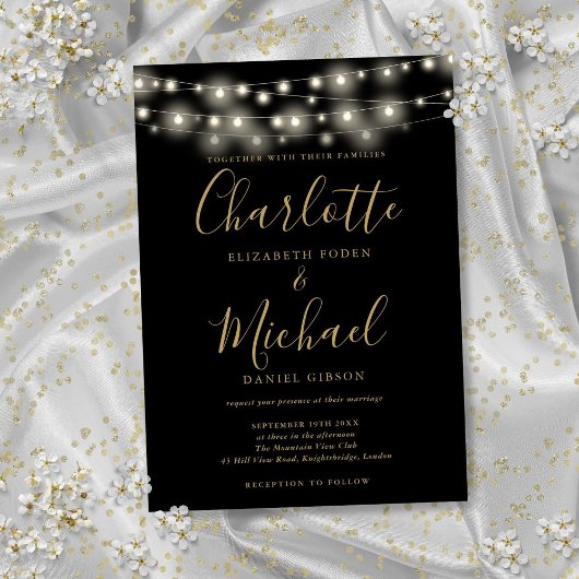 String Lights Black Gold Elegante Script Hochzeit Einladung