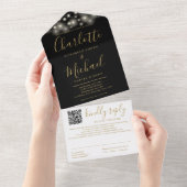 String Lights Black Gold Script QR Code Hochzeit All In One Einladung (Abreißen)