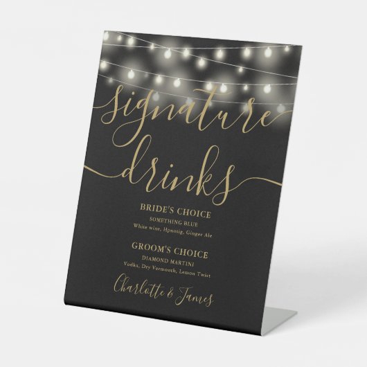 String Lights Black Gold Wedding Signature Drinks Sockelschild (Vorderseite)