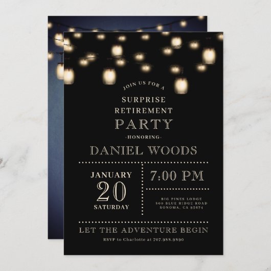 String Lights Black Surprise Retirement Party Einladung (Vorne/Hinten)
