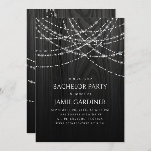 String Lights Black Wood Rustic Bachelor Party Einladung (Vorne/Hinten)
