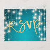 String Lights Blue Gold Script Wedding RSVP Antwor Einladungspostkarte (Vorderseite)
