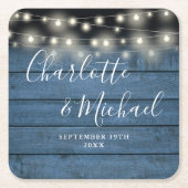 String Lights Blue Rustic Signature Script Hochzei Rechteckiger Pappuntersetzer (Vorderseite)