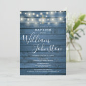 String Lights Blue Rustic Wood Baptisse Christenin Einladung (Stehend Vorderseite)
