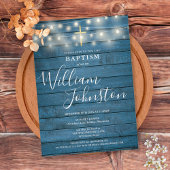 String Lights Blue Rustic Wood Baptisse Christenin Einladung