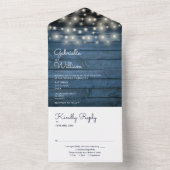 String Lights Blue Rustic Wood Monogram Wedding All In One Einladung (Innen Boden)