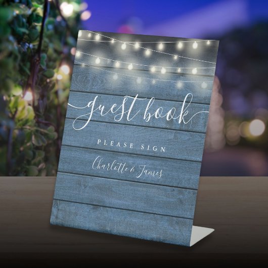 String Lights Blue Rustic Wood Script Gästebuch Sockelschild