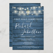 String Lights Blue Wood First Heilige Kommunion Einladung (Vorne/Hinten)