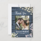 String Lights Blue Wood & Lace Wedding Vielen Dank Dankeskarte (Vorderseite)