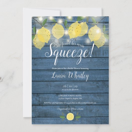 String Lights Blue Wood Main Squeeze Brautparty Einladung (Vorderseite)