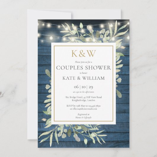 String Lights Blue Wood Monogram Couples Dusche Einladung (Vorderseite)